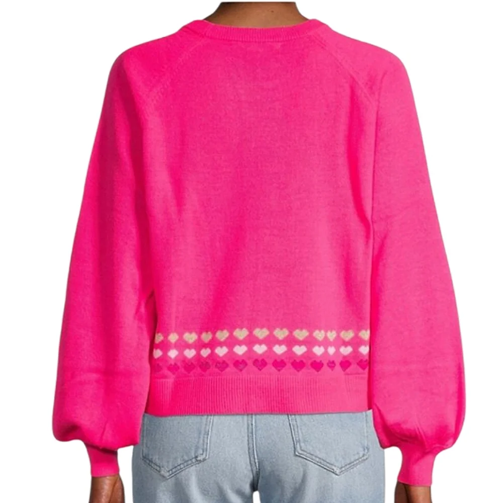 Lilly Pulitzer Alyona Sweater Pink Grenadine Heart Knit Crewneck Balloon Sleeve